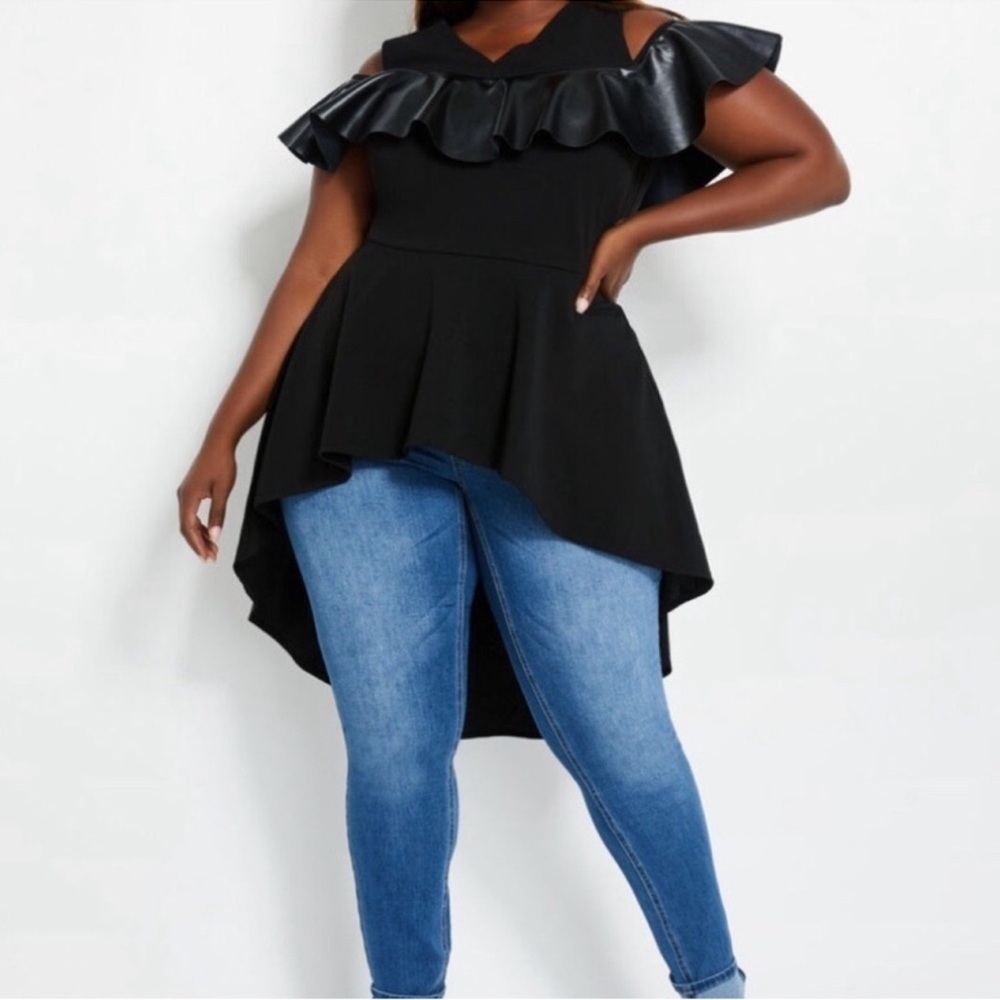 Ashley Stewart Black Faux Leather Ruffle Cold Shoulder High Low Top 14/16